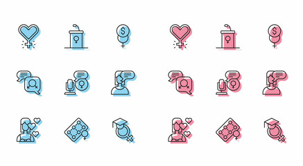 Set line Love yourself, Packaging of birth control pills, Feminism, Teacher, Microphone, Female opinion, Gender equality and Debate podium rostrum icon. Vector