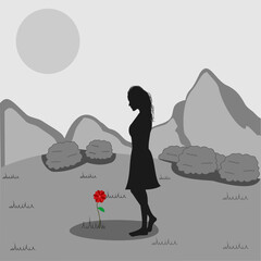 Silhouette of lonely woman with red flower in vector - hope concept