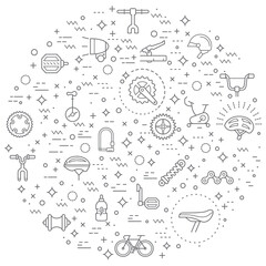 Simple Set of bicycle and bike Related Vector Line Illustration. Contains such Icons as sport, bike part, biking, exercise, vehicles, components, Helmet and Other Elements. 