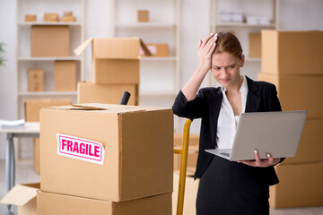 Young female professional mover doing home relocation