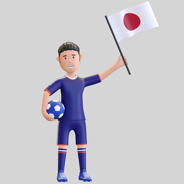 japan national football player man holding ball and country flag 3d render illustration