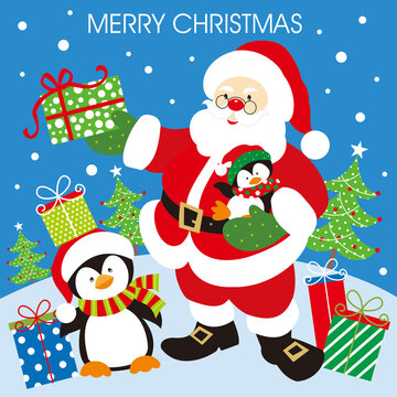 christmas card with santa claus, penguin and presents