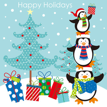 christmas card with penguins, trees and gifts