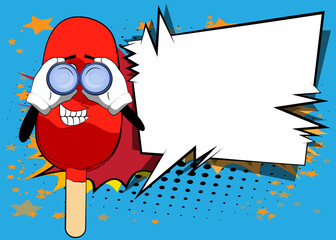 Ice Cream looking through binoculars. Summer refreshment, sweet food as a cartoon character with face.