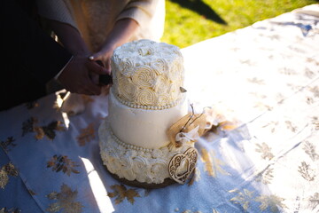 A newly married couple cutting their wedding cake. 