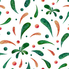 Watercolor floral seamless pattern with stylized leaves isolated on white background. Hand-drawn illustration perfect for fabric and textile, wrapping paper, for design of package.