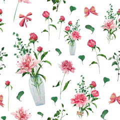 Seamless pattern with peonies, bouquet of peonies and eucalypts, bows and leaves. Blooming flowers. Watercolor floral illustration for fabric and textile, wrapping paper, wedding and Valentine's Day.