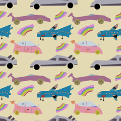 Cute Cars and Air  plan Vector ilustration seamless patern with.Great for textile,fabric,wrapping paper,and any print.