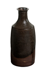 Japanese sake bottle, Brown ceramic bottle isolated on white background with clipping path, Side view 
