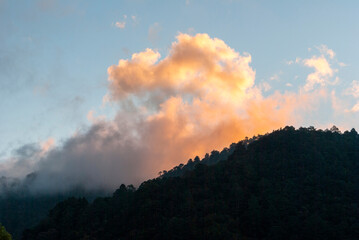 Sunrise in rural mountainous area of ​​Guatemala, a forest space source of oxygen and universal inspiration.