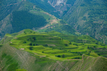 Man-made terraces of the village Chokh. Republic of Dagestan, Russia.