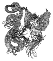 Tattoo art dargon and swan china hand drawing sketch black and white