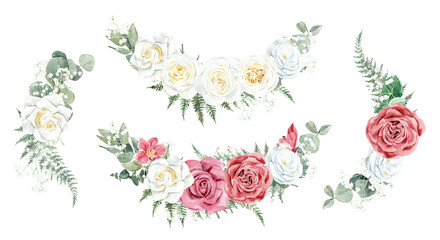 Watercolor floral bouquet with white, dusty pink roses, eucalyptus, flowers, orchids, green leaves. For invitations, backgrounds, wedding sets, fashion, scrapbooking, digital paper.