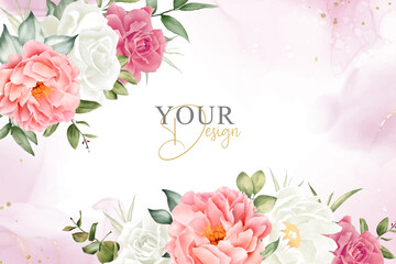 Fototapeta na wymiar Elegant Watercolor Floral Background Design with Hand Drawn Peony and Leaves