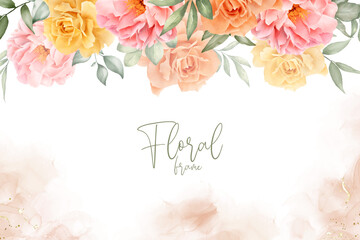 Fototapeta na wymiar Elegant Watercolor Floral Background Design with Hand Drawn Peony and Leaves