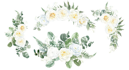 Fototapeta na wymiar Set of watercolor floristic bouquets with white roses, eucalyptus, flowers, orchids, green leaves. For invitations, backgrounds, wedding sets, fashion, scrapbooking, digital paper.