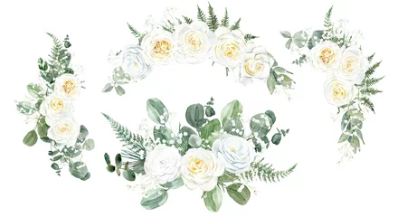 Fototapete Rund Set of watercolor floristic bouquets with white roses, eucalyptus, flowers, orchids, green leaves. For invitations, backgrounds, wedding sets, fashion, scrapbooking, digital paper. © ElenaDoroshArt