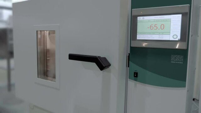 Heat and cold chamber (climatic chamber) for scientific and research experiments in a laboratory or in industrial production for testing equipment in various weather conditions. Shot in motion