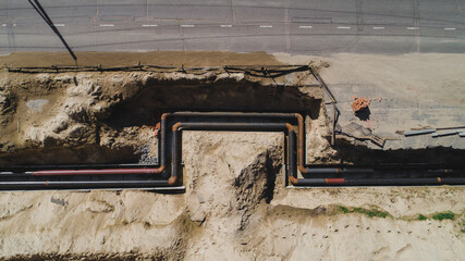 Replacement of heating pipes. Installation of new heating equipment. The view from the top
