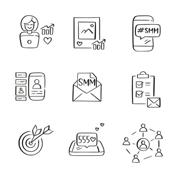 SMM social media marketing and content management related icons. Hand-drawn sketch icons