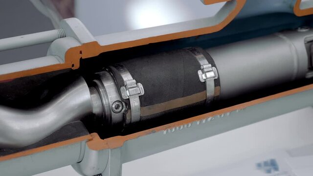 Section view to view internal structure of screw pump for food industry. Shot in motion. Closeup