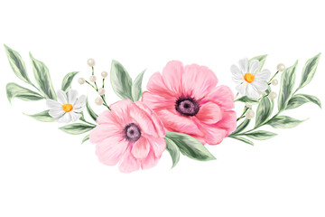 Spring flowers. Isolated botanical border for design of invitations, greeting cards. Composition of pink and white wildflowers.