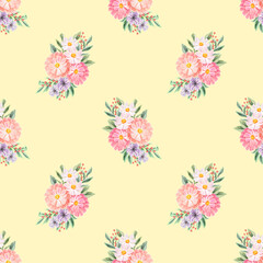 Spring flowers seamless pattern. Botanical background. Arrangement of pink and white wildflowers.