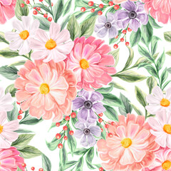 Spring flowers seamless pattern. Botanical background. Arrangement of pink and white wildflowers.