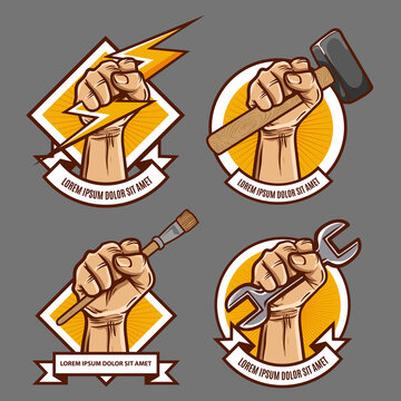 hand with thunder and hammer badge logo collection set