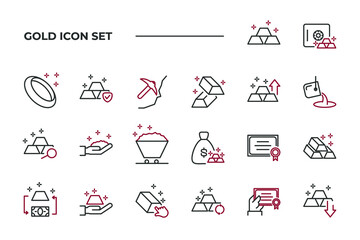simple set of Gold vector icons with editable line styles covering gold mine, ring, certificate and other. isolated on white background. 
