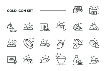 simple set of Gold vector icons with editable line styles covering gold mine, ring, certificate and other. isolated on white background. 