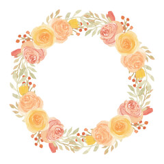 Fototapeta na wymiar Watercolor rose flower floral arrangement wreath