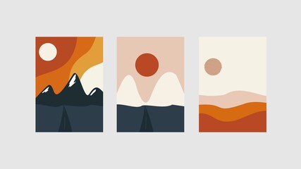 	
Collection of rectangular abstract landscapes. Sun, mountains, waves. Modern layouts, fashionable colors. Layouts for social networks, banners, posters. vector 