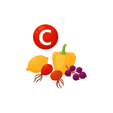 Vitamin C containing foods, ascorbic acid in fruits, vegetables in flat vector