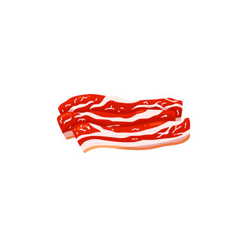 Raw red bacon slices. Uncooked bacon stripes lying in composition, top view. Cartoon realistic vector illustration.