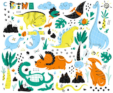 Set of hand-drawn cute dinosaurs in Scandinavian style on a white background. Elements of nature, plants of the prehistoric period. A set of abstract dynos. Flat children's vector illustration.
