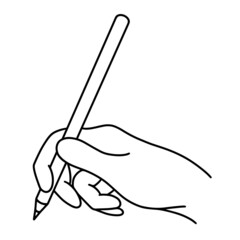 Right human hand vector icon. Simple sketch illustration isolated on white background. The hand holds a pen, draws or writes. Monochrome clipart, doodle. Concept for decoration, design.