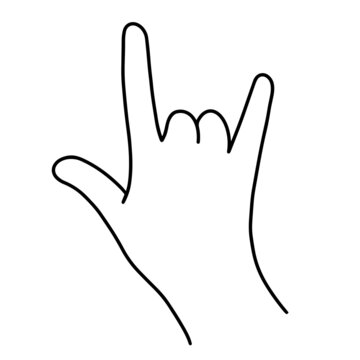 Rock and roll vector icon. Hand-drawn illustration isolated on white background. The right human hand shows the symbol of heavy music. Punk rock gesture, simple monochrome sketch.