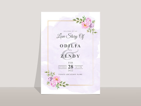 Wedding invitation card template with elegant flowers and leaves watercolor