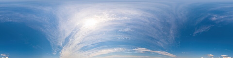 Blue sky panorama with Cirrus clouds. Seamless hdr 360 degree pano in spherical equirectangular format. Complete zenith for 3D visualization, game and sky replacement for aerial drone 360 panoramas.