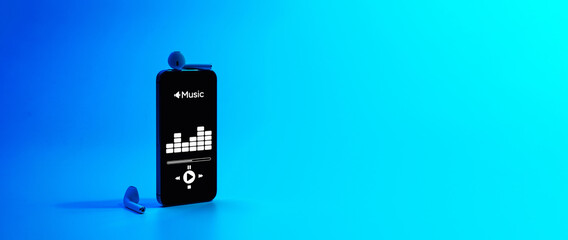 Music banner. Mobile smartphone screen with music application, sound headphones. Audio voice with...