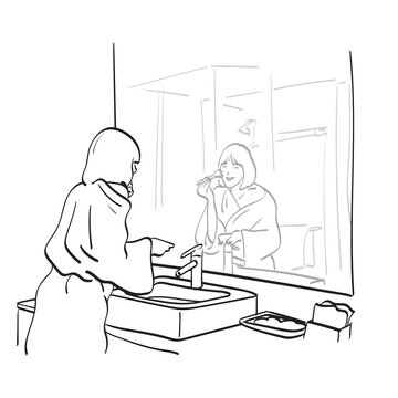 recommend clip art: line art young woman using cosmetics in bathroom illustration vector hand drawn isolated on white background