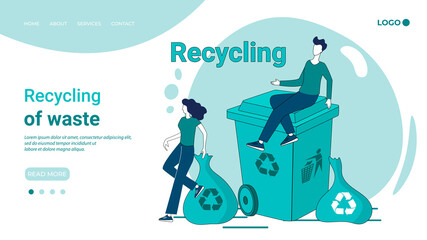 Recycling of waste.People collect and sort the waste and put it in a container.The concept of eco-friendly waste.An illustration in the style of a green landing page.