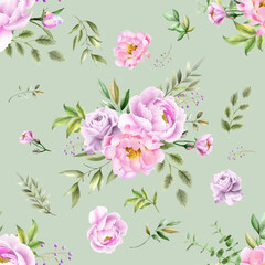 Seamless pattern with elegant flowers and leaves watercolor