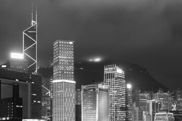 Night scene of High rise office building and skyline of Hong Kong city