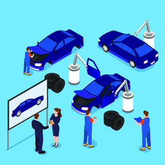 Factory with smart robotic automotive assembly line isometric 3d vector concept for banner, website, illustration, landing page, flyer, etc.