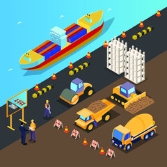 Port site construction isometric 3d vector concept for banner, website, illustration, landing page, flyer, etc.