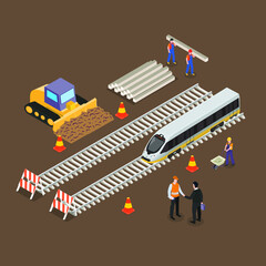 Fototapeta premium Train railway site construction isometric 3d vector concept for banner, website, illustration, landing page, flyer, etc.