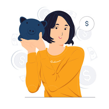 Woman try to hear and holding piggy bank near ear, saving money concept illustration