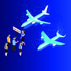 Shopping for an airplane in metaverse isometric 3d vector concept for banner, website, illustration, landing page, flyer, etc.